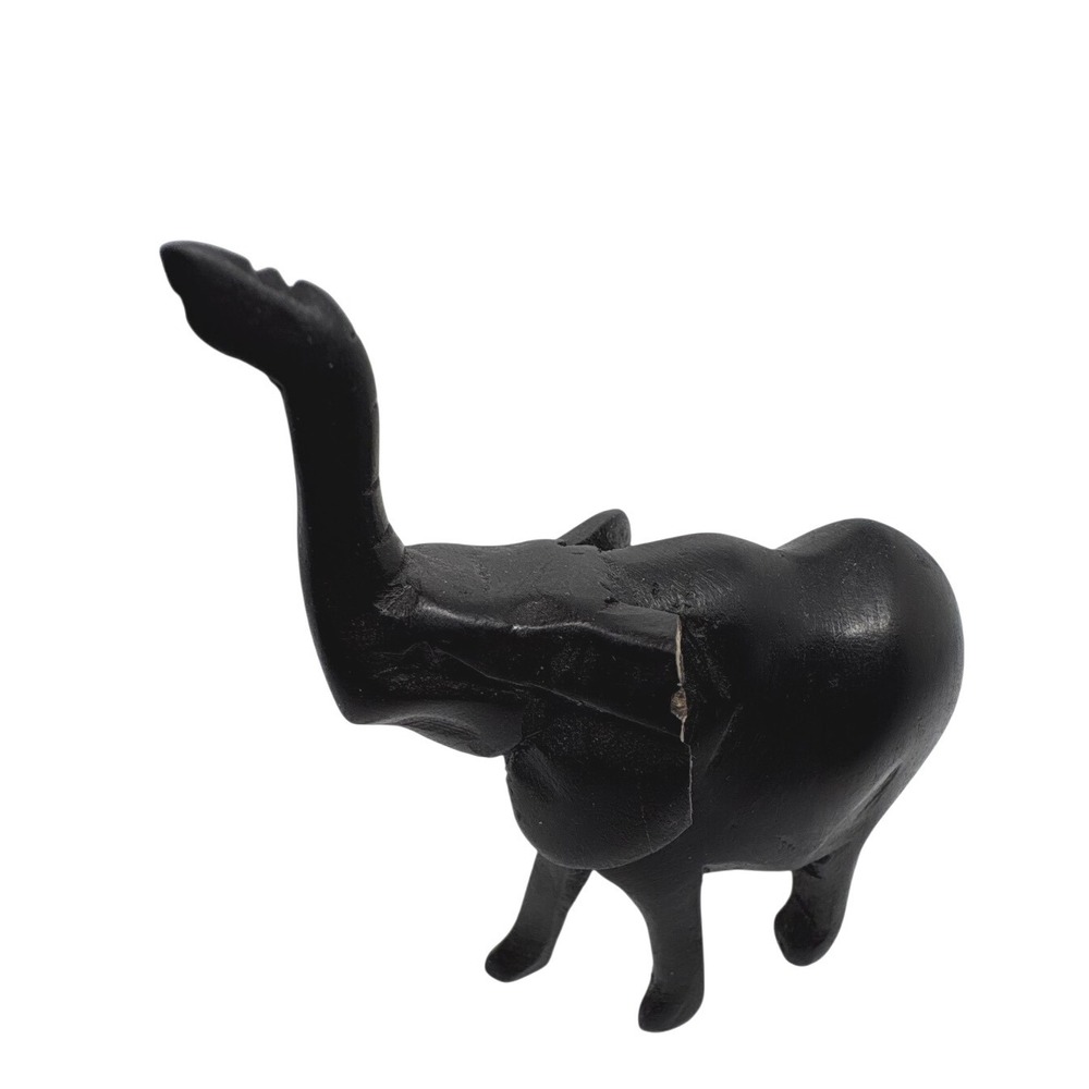 African Hand Carved Wood Elephant‎ Figurine Trunk Up Black Matte 3.25 Inch
